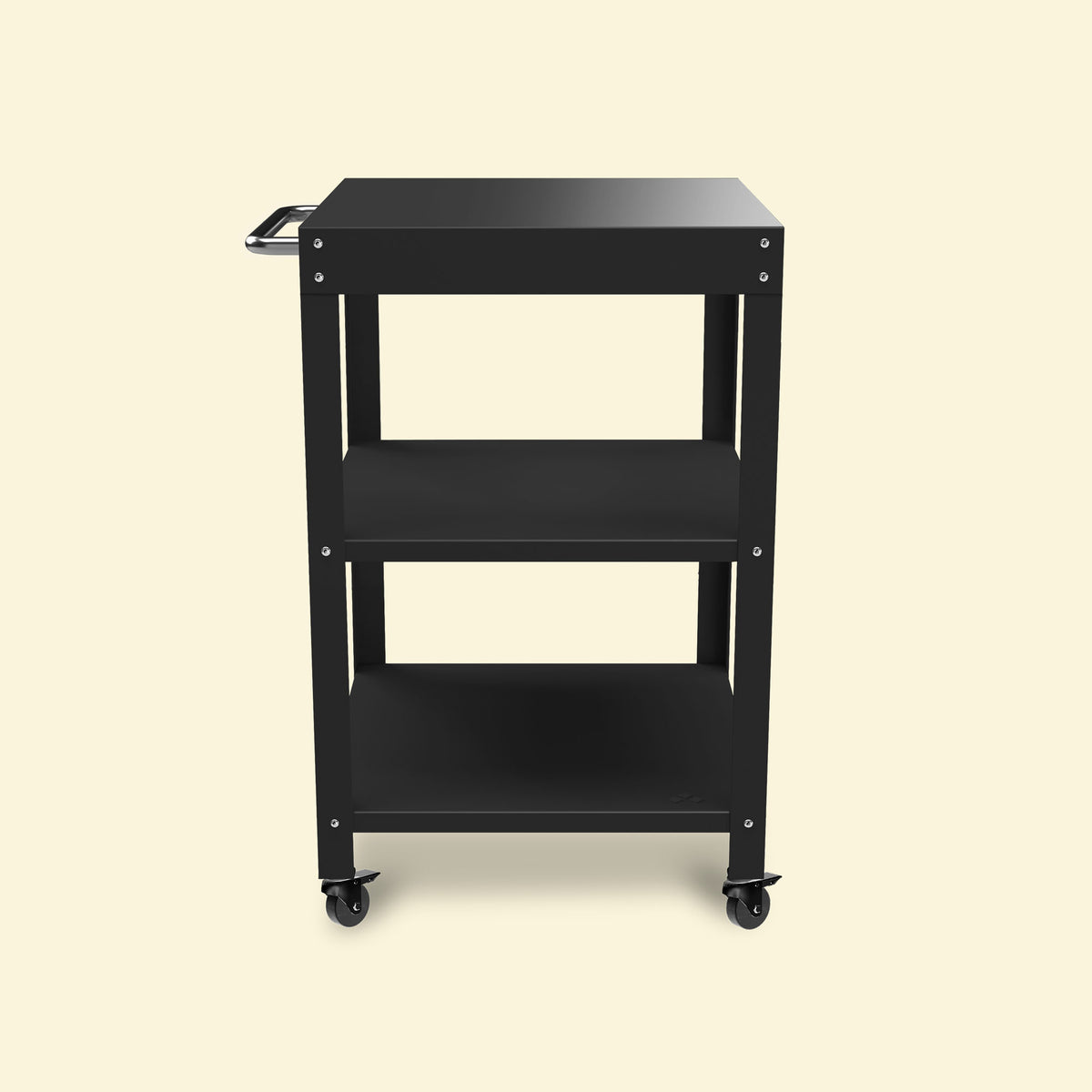 Petite desserte de plancha en métal noir avec trois niveaux de rangement et roulettes pivotantes, présentée de face sur fond uni clair.