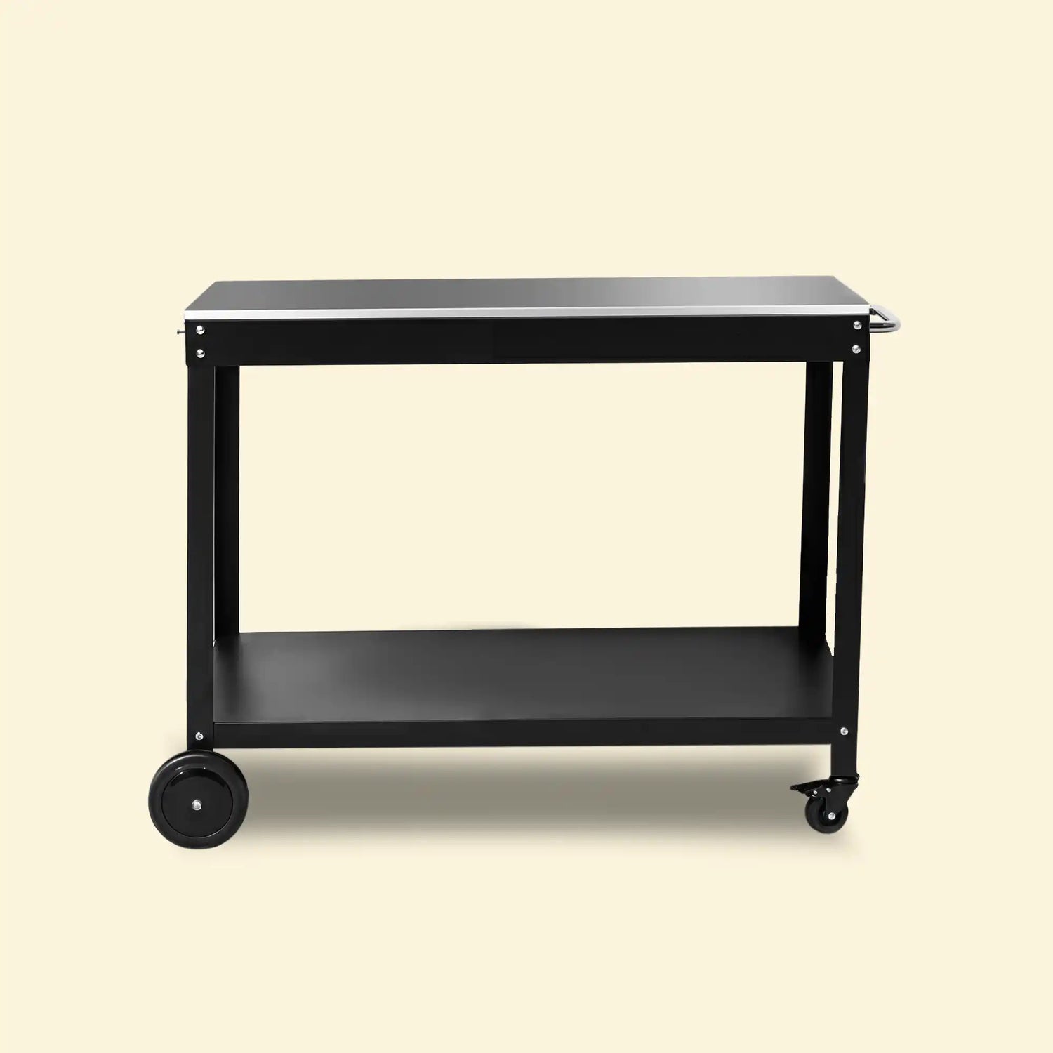 Desserte Oliva noire pour plancha Vivaplancha, plateau en inox et étagère basse ouverte, sur fond beige. ::visuel:sanscache