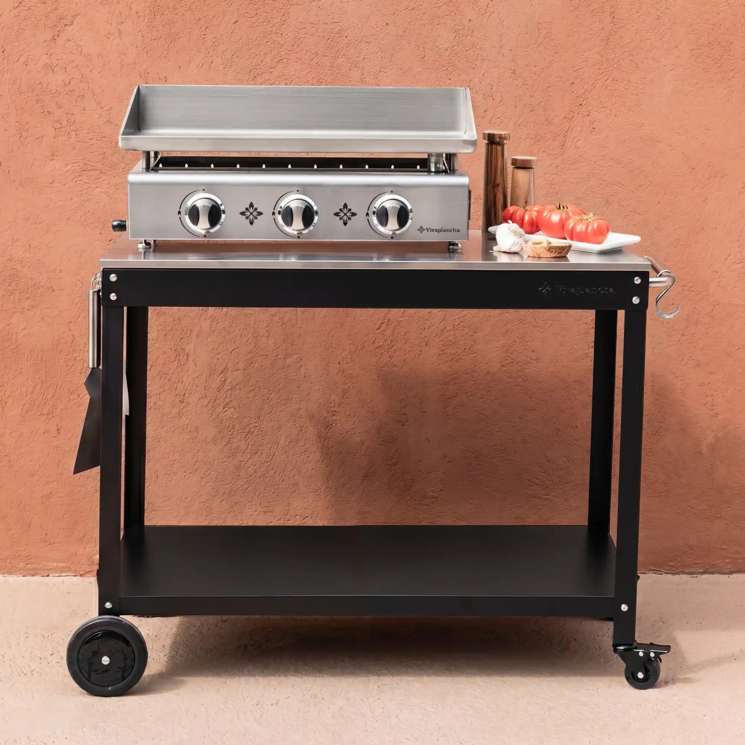 Set Gas-Plancha aus Edelstahl PIMIENTOS 3 Brenner + Deckel + Zubehör + Wagen