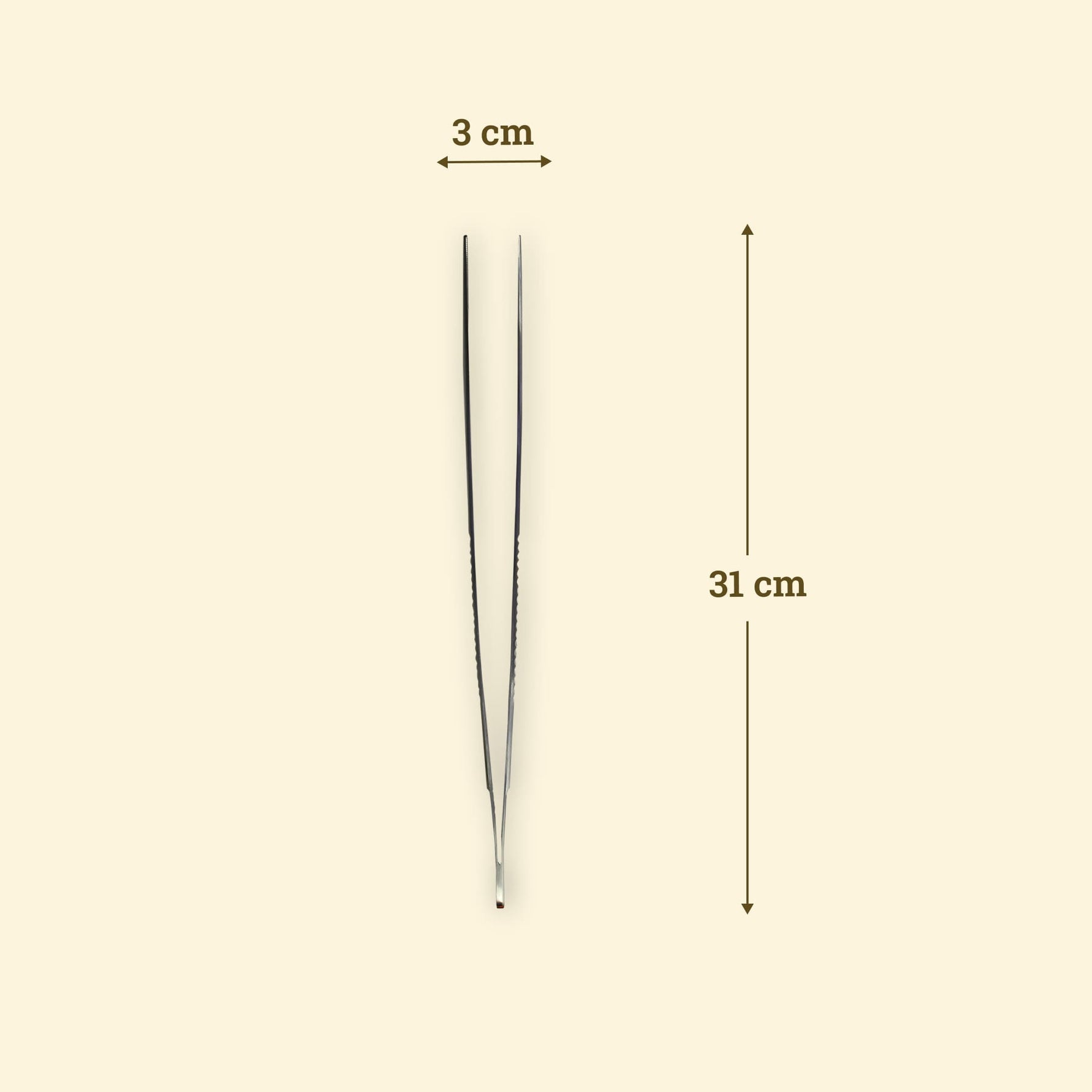 Pince de précision en inox de 31 cm avec embouts fins de 3 cm, idéale pour manipuler avec exactitude sur la plancha.
