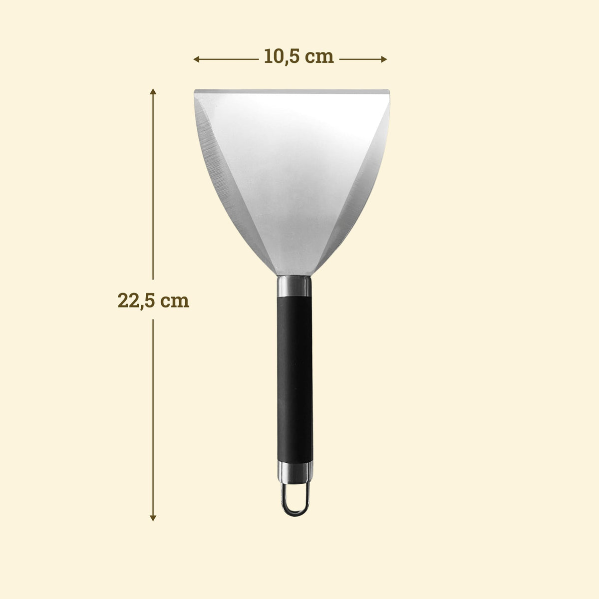 Spatule d’entretien en inox de 22,5 cm avec lame triangulaire de 10,5 cm, manche noir et œillet de suspension.