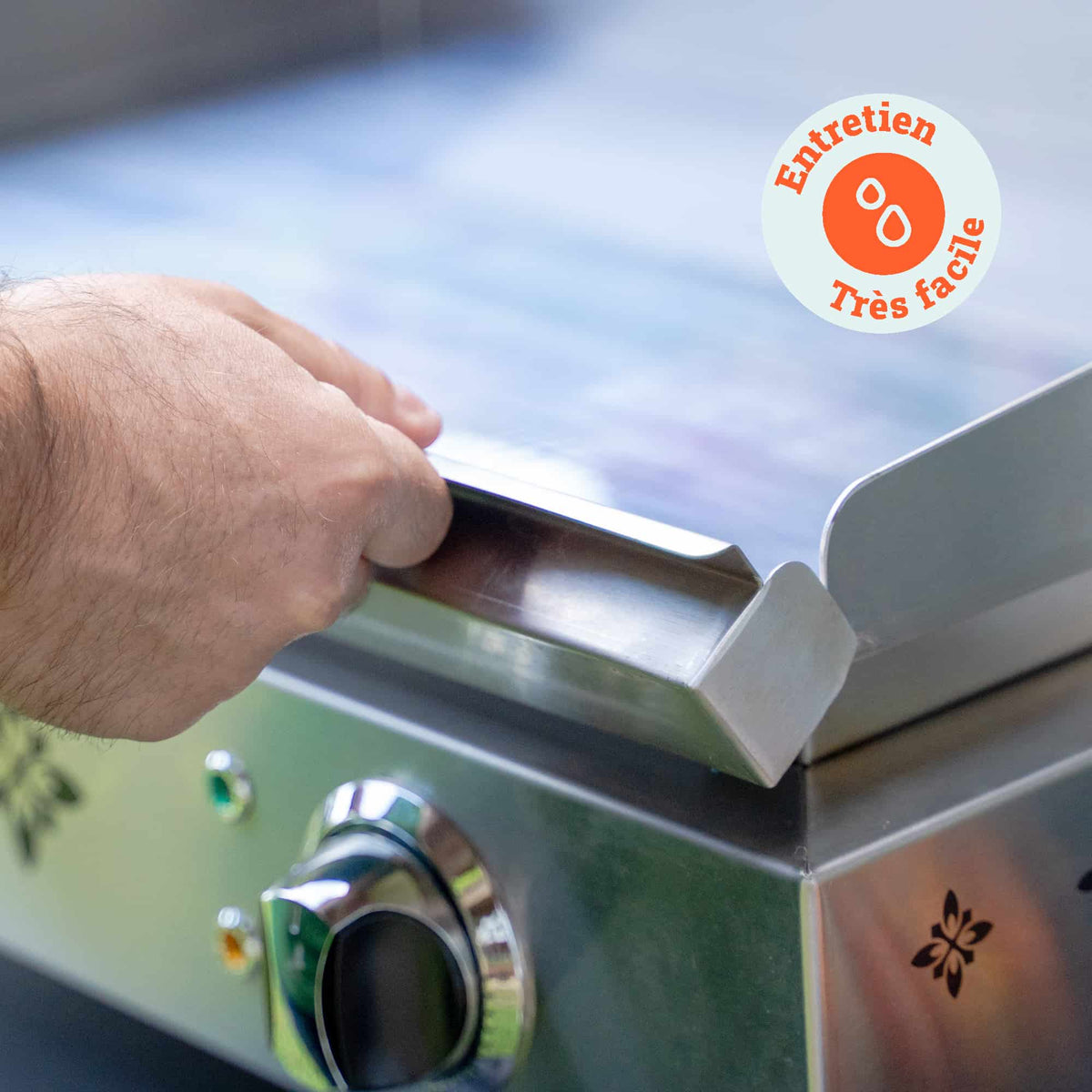 Hand, die gerade die Platte der Vivaplancha-Plancha zum Reinigen herausnimmt, mit einem „Sehr einfache Wartung“-Abzeichen oben rechts eingeblendet.