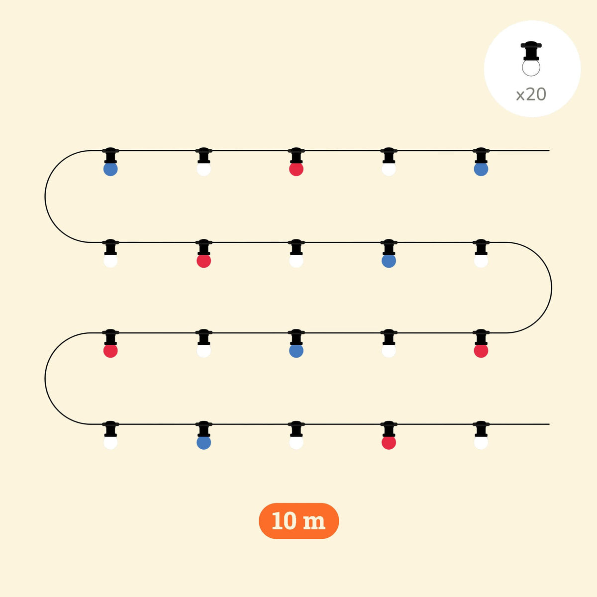 Guirlande lumineuse tricolore de 10 mètres avec 20 ampoules aux couleurs bleu, blanc et rouge, réparties régulièrement sur un câble noir pour une décoration festive et patriotique.