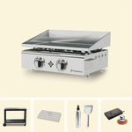 Plancha Vivaplancha 2 feux en inox avec rebords releveurs et boutons de réglage, accompagnée de ses accessoires : desserte, couvercle de protection, spray nettoyant avec spatule, et housse de protection avec galet de nettoyage.