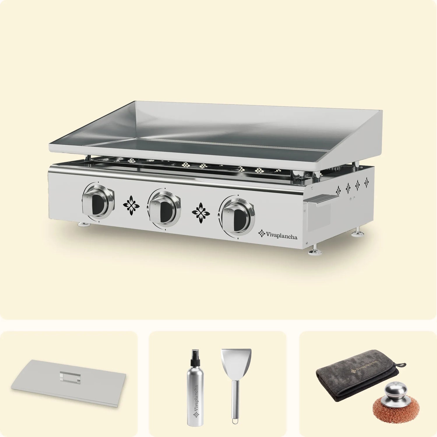 Set Gas-Plancha aus Edelstahl PIMIENTOS 3 Brenner + Deckel + Zubehör