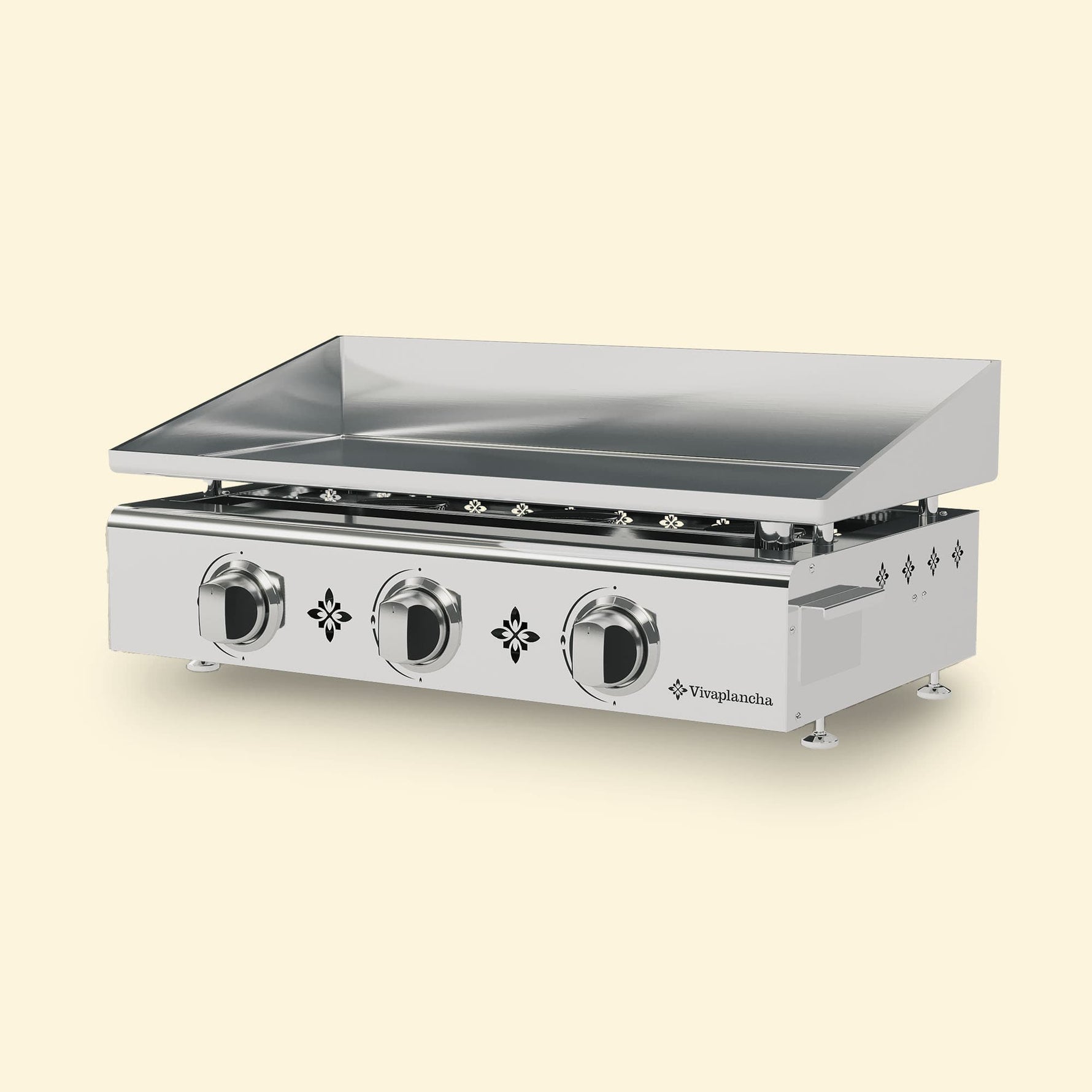 Plancha gaz Vivaplancha modèle Pimientos avec trois brûleurs en inox et plaque de cuisson en inox lisse, présentée de face sur fond uni beige.